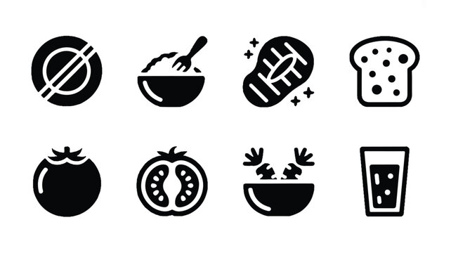 A set of eight minimalist icons depicting various food and drink items on a white background