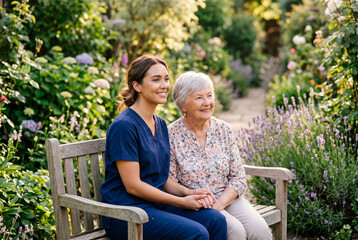 Fototapeta premium Young female nurse holding hands of senior woman on garden bench