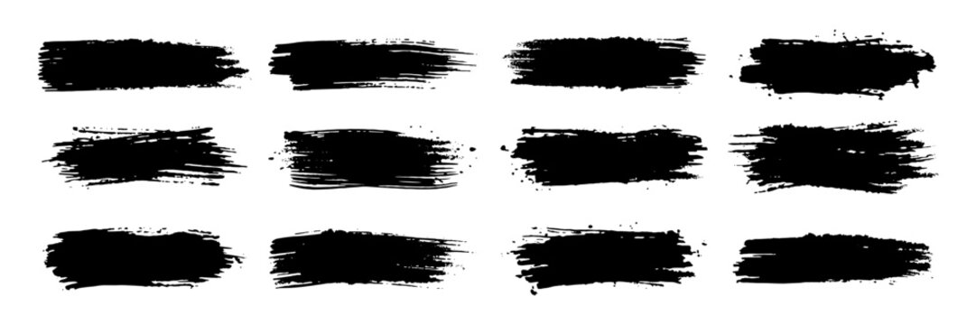 Set Of Black Grunge Paint Brush Strokes And Ink Splatters Vector