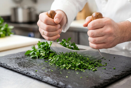 Professional chef using a curved mezzaluna knife to mince fresh green parsley on a dark slate board
