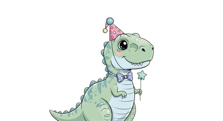 Cute cartoon dinosaur wearing a party hat and holding a wand. © Melinda