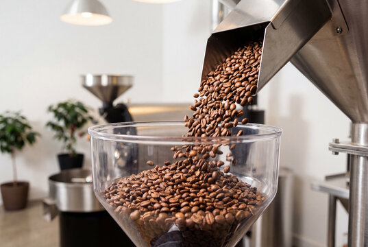 Freshly roasted brown coffee beans falling from a metal chute into a clear hopper at a roastery