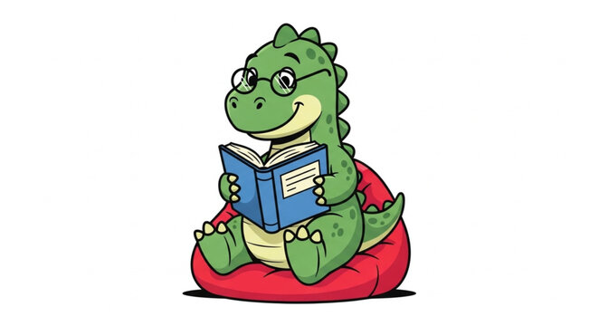 Cute cartoon dinosaur wearing glasses reading a book.