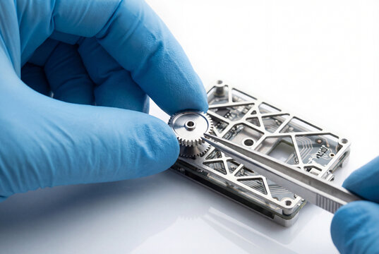 Gloved hand placing small precision gear into intricate framework