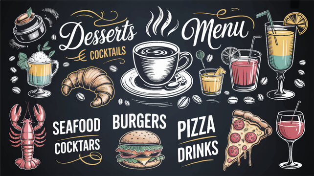 A vintage chalkboard menu design featuring desserts, seafood, burgers, pizza, and drinks