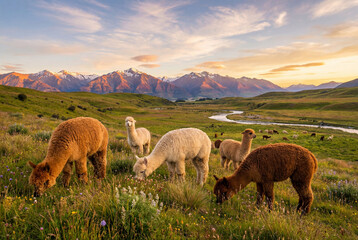 Obraz premium Herd of alpacas grazing in a beautiful mountain valley at sunset