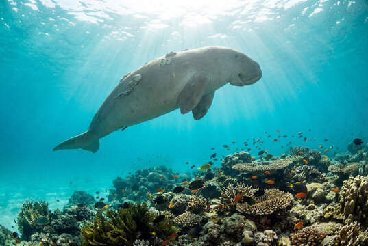 A majestic dugong sea cow swimming over a coral reef in clear blue tropical ocean water