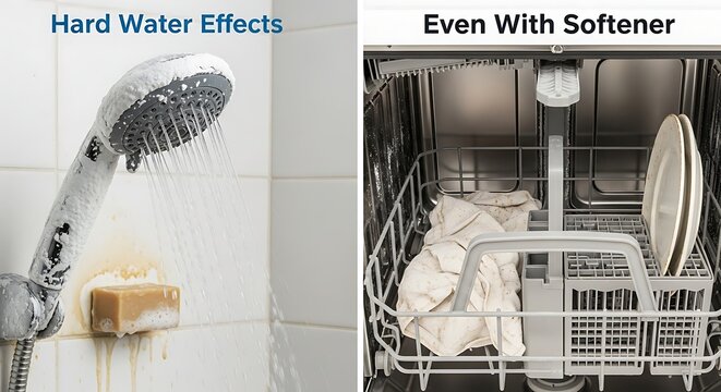 Split View of Limescale Showerhead and Dishwasher Showing Hard Water Residue Indoors