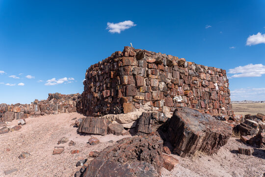 Agate House, reconstructed Puebloan building in Petrified Forest National Park, Arizona. Built almost entirely of petrified wood. Eight-room pueblo of agatized wood laid in a clay mortar.