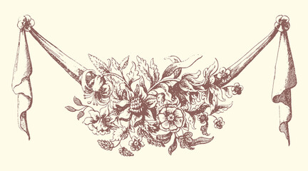 Floral garland with draped ribbons decoration line art hand drawn decoration ornament illustration arrangement celebration classical monochrome engraving stylized © bbilfunk
