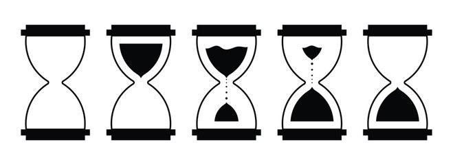 Fototapeta premium Set of minimalist flat black sand clock icons illustrating concepts of time, duration, waiting, deadlines, and measurement using hourglasses. Sand clock icons isolated on transparent background. Eps10
