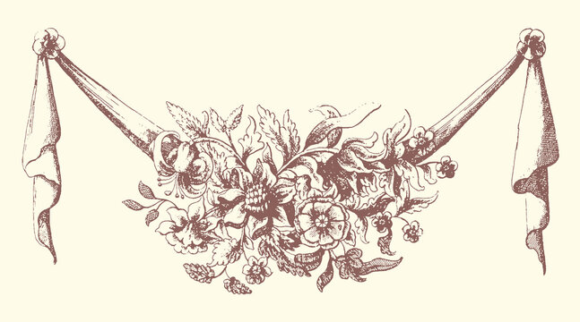 Floral garland with draped ribbons decoration line art hand drawn decoration ornament illustration arrangement celebration classical monochrome engraving stylized