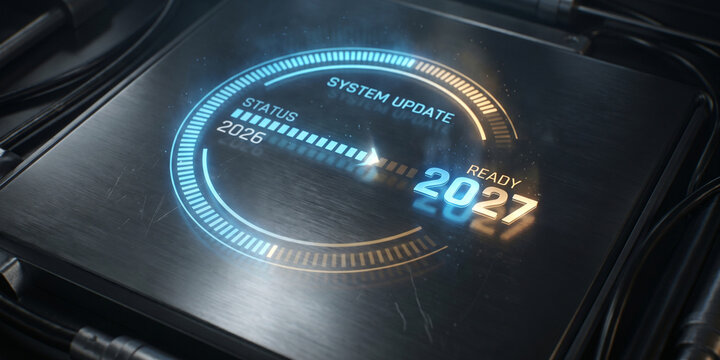 System Update in Progress: A futuristic digital interface displays the progress of a system update, poised on the cusp of completion with the date 2027 looming in the near future. 