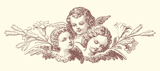 Fototapeta premium Antique illustration of cherubs and foliage with baby angel vintage cherub antique drawing ornamental design decorative element graphic ornament hand drawn line art angelic illustration