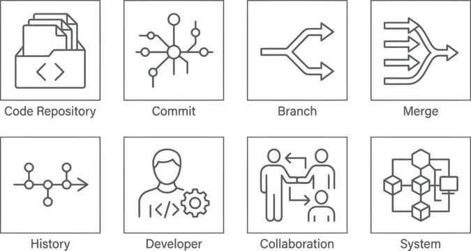 Software Development Icons: Git Workflow and Teamwork Concepts