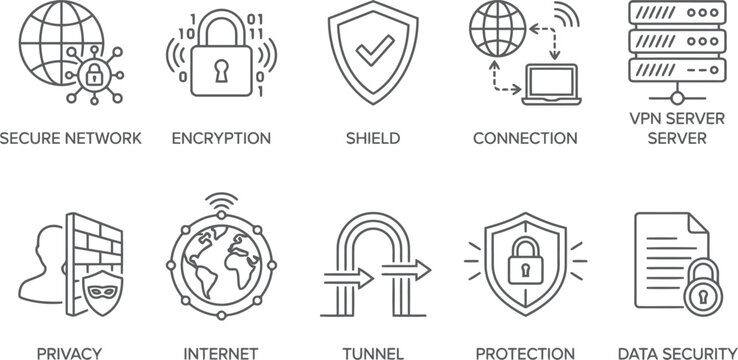Cybersecurity Icon Set: Network, Encryption, Shield, VPN, Privacy
