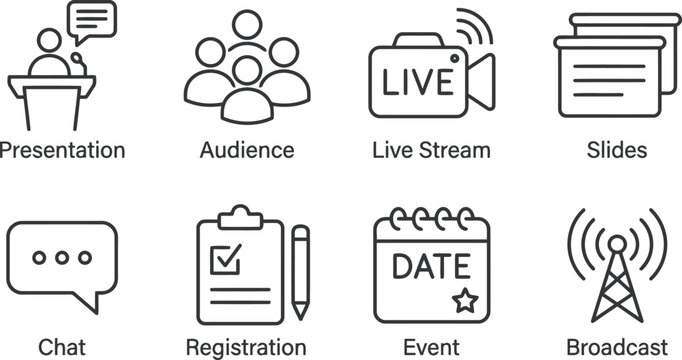 Business Event Icons: Presentation, Audience, Live Stream, Slides, Chat, Registration, Date, Broadcast