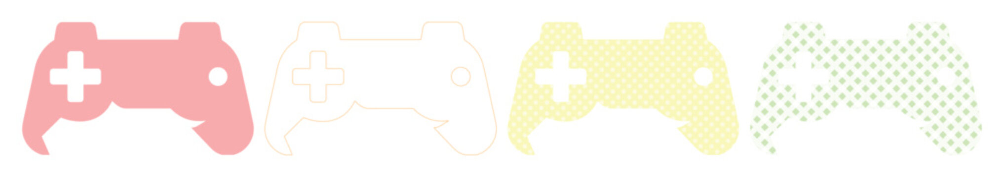 Modern Game Controller Icons Set. Four Minimalist Vector Gamepad Silhouettes in Red, White, Yellow, and Green. Digital Gaming Symbol Collection for UI/UX Design.