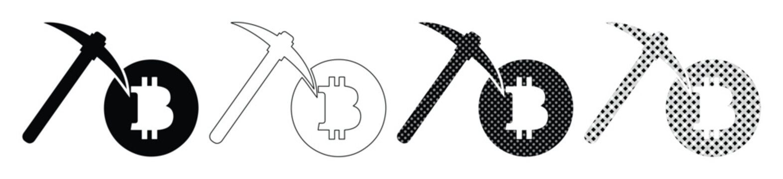 Bitcoin Mining Vector Icon Set, Cryptocurrency Digital Currency Concept, Blockchain Technology Symbol, Black and White Outline and Solid Fill Graphics for Web and App Design