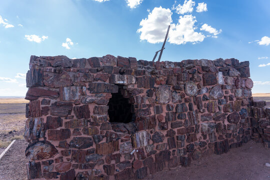 Agate House, reconstructed Puebloan building in Petrified Forest National Park, Arizona. Built almost entirely of petrified wood. Eight-room pueblo of agatized wood laid in a clay mortar.