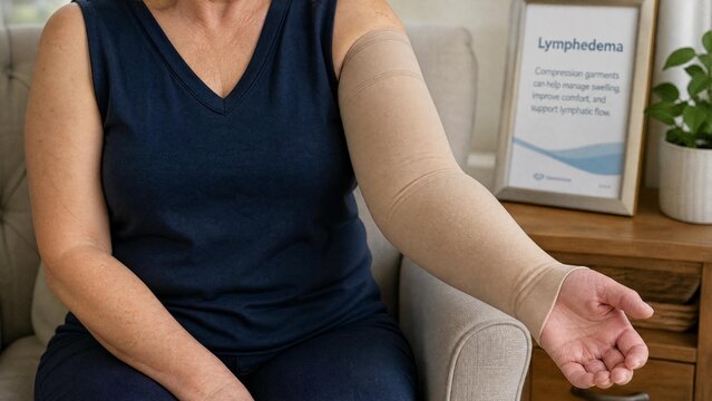 Woman Wearing Medical Compression Sleeve for Lymphedema Treatment and Swelling Management