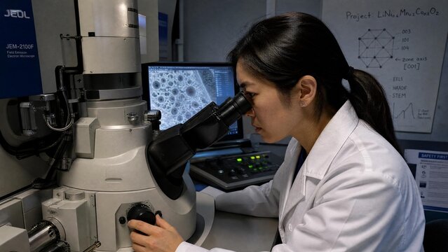 Professional Female Scientist Operating High-Resolution Electron Microscope for Advanced Material Research in Laboratory