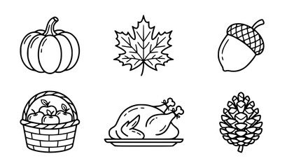 Minimalist autumn and thanksgiving vector illustration set clean black and white outline of pumpkin maple leaf and acorn © Mdsahag