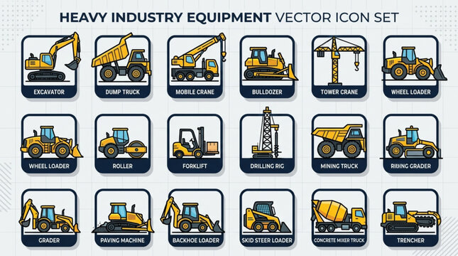 Heavy industry equipment vector icons set.