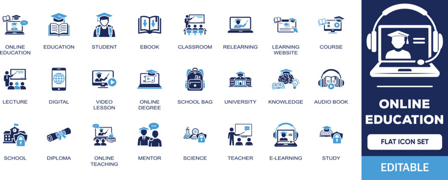 Online Education editable solid icon set. Containing education, student, e-book, online teacher, e-learning, study, mentor, classroom, degree and more illustration vector icons collection.
