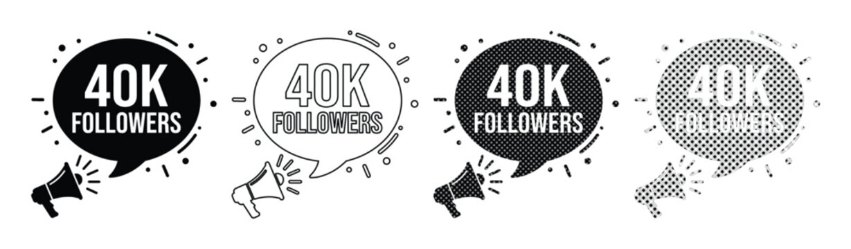 40K Followers Social Media Megaphone Vector Icon Set, Black and White Engagement Notification Badges, Marketing Promotion Announcement Symbols for Digital Content