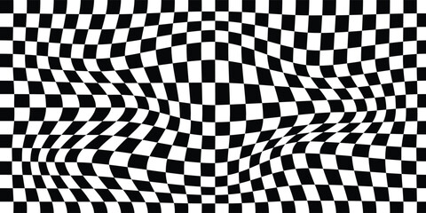 Obraz premium Trippy black and white checkerboard background. Retro psychedelic checkered wallpaper for graphic design. Wavy groovy chessboard surface. Distorted geometric pattern. Vector illustration. Eps10 