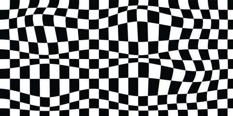 Obraz premium Red and white trippy checkerboard background. Retro psychedelic checkered wallpaper. Wavy groovy chessboard surface. Distorted geometric grid chess pattern. 