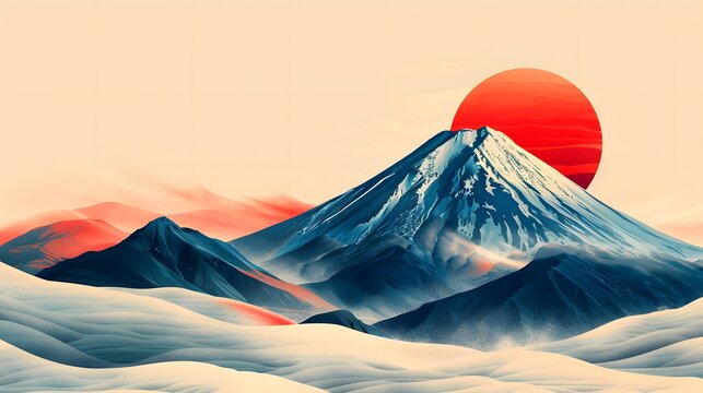 Minimal Japanese Mount Fuji with Red Sun Landscape