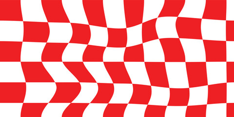 Fototapeta premium Trippy checkerboard background. Retro psychedelic checkered wallpaper. Wavy groovy chessboard surface. Distorted geometric pattern. Vector illustration. Eps10.