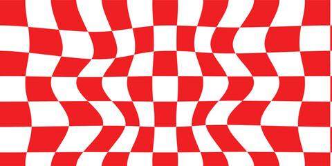 Fototapeta premium Trippy checkerboard background. Retro psychedelic checkered wallpaper. Wavy groovy chessboard surface. Distorted geometric pattern. Vector illustration. Eps10.