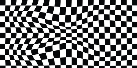 Obraz premium Psychedelic pattern with warped orange and white squares. Trippy checkerboard texture. Distorted chess board background. Distorted geometric pattern. Eps 10