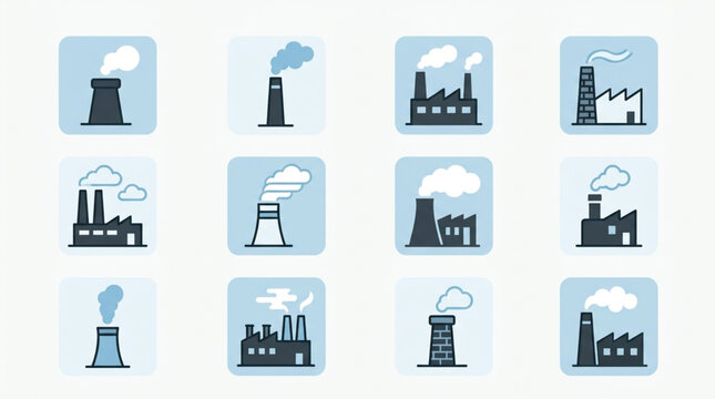 Industrial factory smokestack icons set.