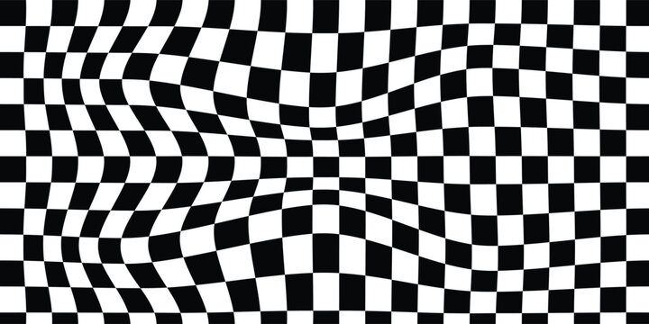 Psychedelic pattern with warped orange and white squares. Trippy checkerboard texture. Distorted chess board background. Distorted geometric pattern. Eps 10