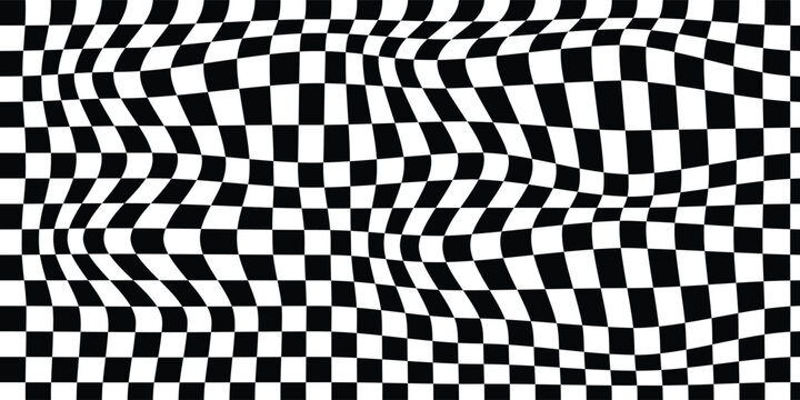 Psychedelic abstract wavy checkered background in black and white. Groovy irregular checker pattern with vintage texture. Retro psychedelic checkered wallpaper. Wavy groovy chessboard surface.