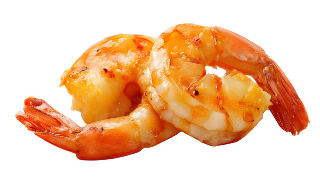 Close-up of juicy cooked shrimp with glossy seasoning and tender texture isolated on a clean background.