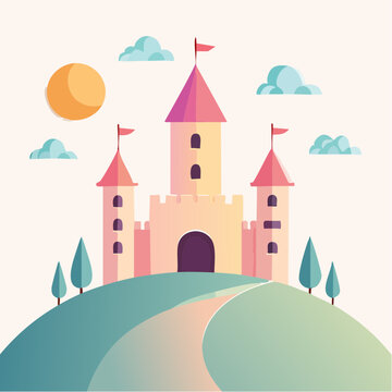 Fairy Tale Castle on a Hill with a Winding Path and Fluffy Clouds under the Sun