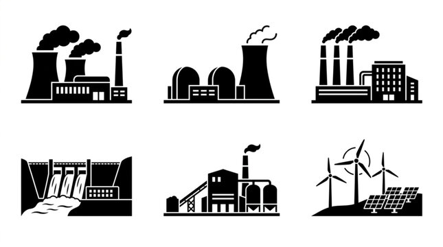 Industrial factory buildings and smokestacks.