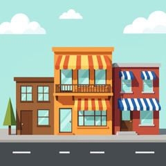 Obraz premium Colorful Urban Buildings with Street Awnings Lining a Bright City Road Illustration