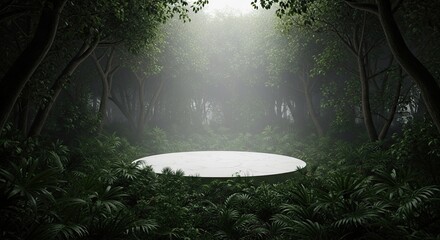 Naklejka premium Empty white podium in dark jungle with ethereal light beam
