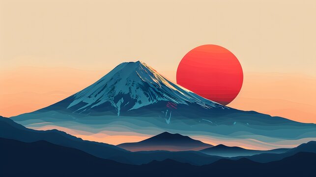 Minimal Japanese Mount Fuji with Red Sun Landscape