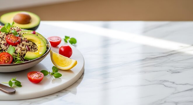 Healthy Quinoa Salad with Avocado, Cherry Tomatoes, and Lemon on Marble
