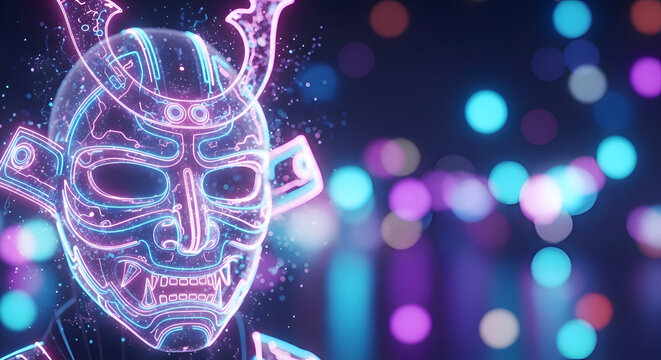 Neon samurai mask with glowing lights.