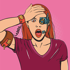 Fototapeta premium Shocked Cyborg Woman in Retro Pop Art Style with Cybernetic Eye and Halftone Background