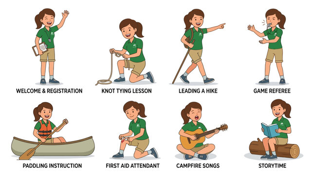 A female camp counselor performing various outdoor activities and tasks in a series of cartoon illustrations