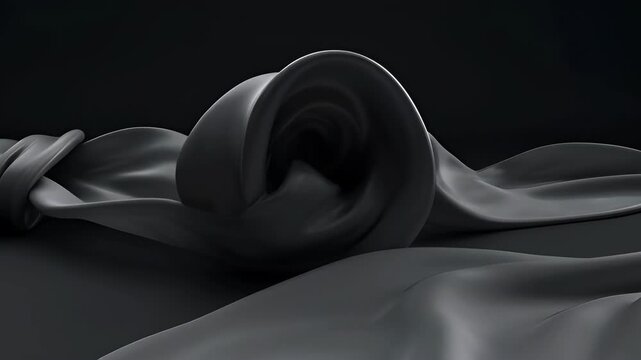 Abstract animation full frame wave saturation dark smooth surface texture flowing fabric drape gray fluid shape minimalist digital art, glossy material, soft light, black monochrome background